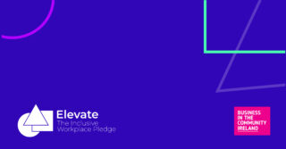 Dark purple image with colourful geometrical shapes in backround. Elevate Pledge logo in bottom left corner and BITC logo in bottom right corner