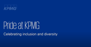 Dark blue image with KPMG logo and text that says Pride at KPMG Celebrating inclusion and diversity