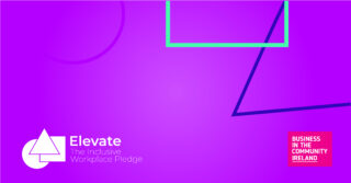 Bright pink image with colourful geometrical shapes in background. Elevate Pledge logo in bottom left corner. BITC logo in bottom right corner